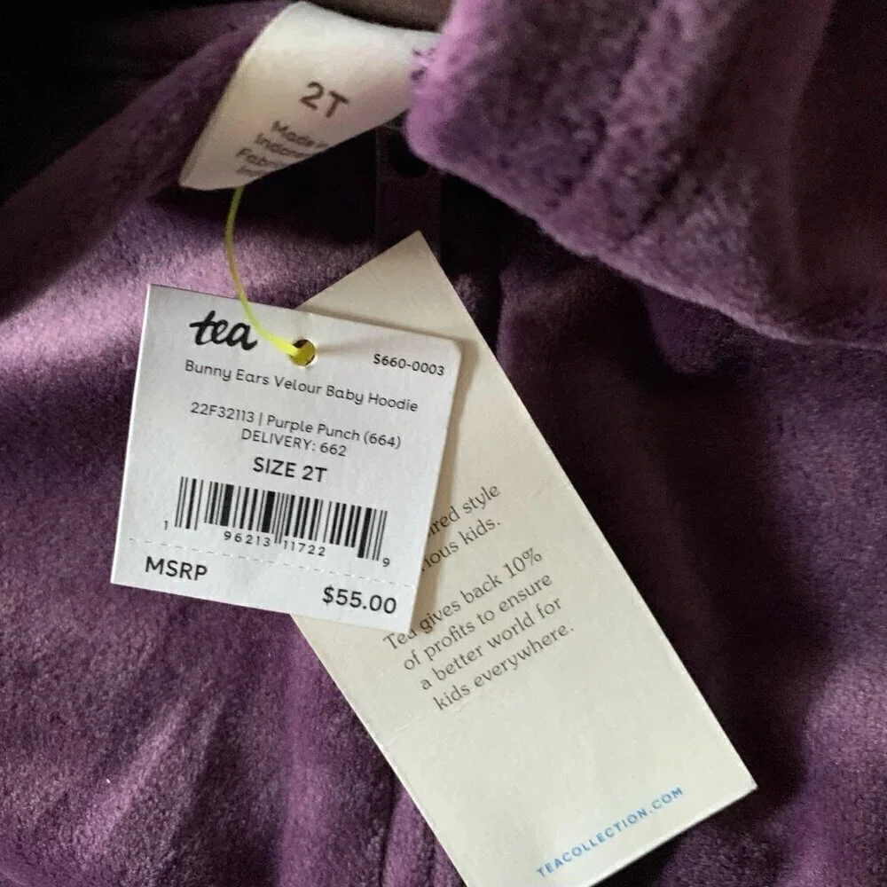 NWT Tea Collection Bunny Ears Velour Baby Hoodie 2T 2 years
